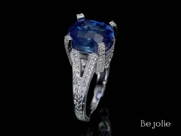 GRS Certified 11.01 Carat Natural Blue Sapphire & Diamond engagement Ring - Image 4