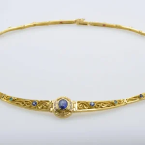 Gold Greek Collar 18K and Sapphires Necklace Articulate Links