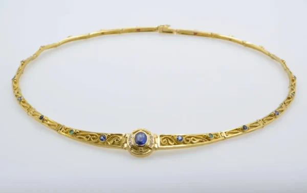 Gold Greek Collar 18K and Sapphires Necklace Articulate Links - Image 2