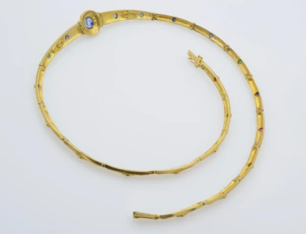 Gold Greek Collar 18K and Sapphires Necklace Articulate Links - Image 3