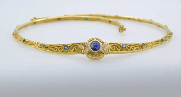 Gold Greek Collar 18K and Sapphires Necklace Articulate Links - Image 7