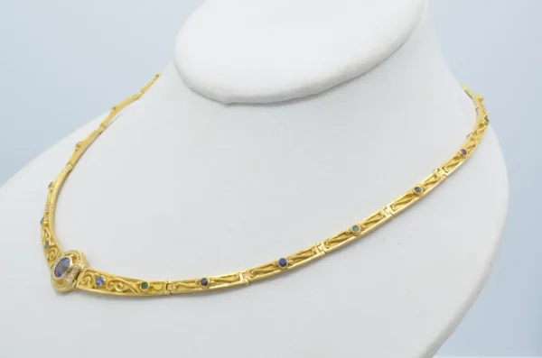 Gold Greek Collar 18K and Sapphires Necklace Articulate Links - Image 6