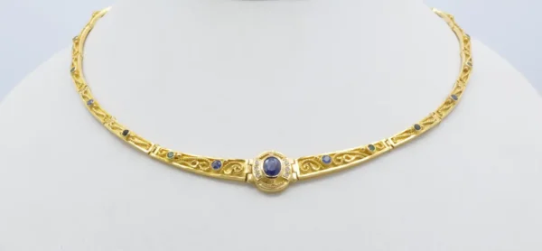 Gold Greek Collar 18K and Sapphires Necklace Articulate Links - Image 4