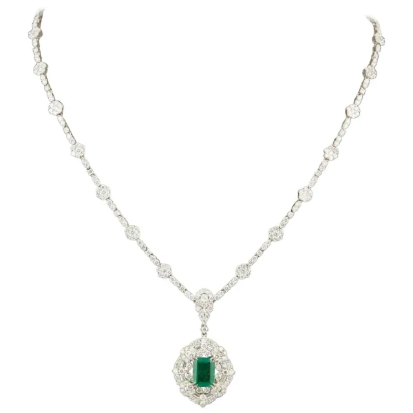 Green Emerald Diamond White Gold Pendant Necklace - Image 3