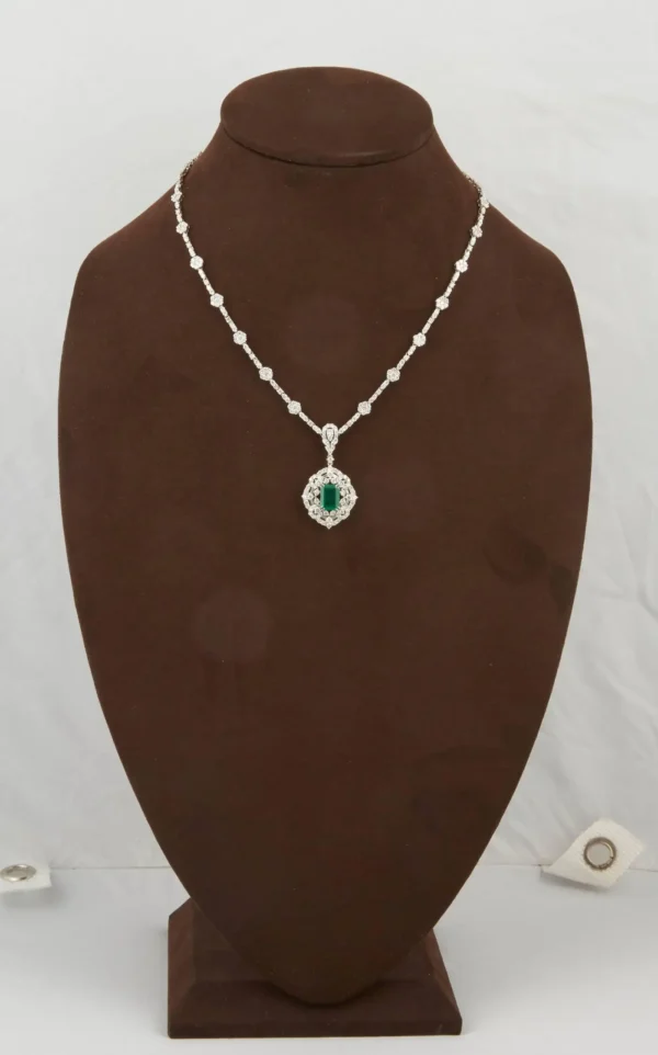 Green Emerald Diamond White Gold Pendant Necklace - Image 2