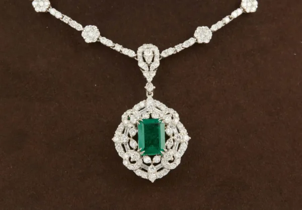 Green Emerald Diamond White Gold Pendant Necklace - Image 5