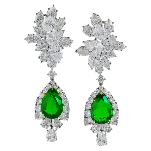 Harry Winston Emerald Diamond Cluster Platinum Pendant Earrings - Image 3