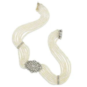 Late Georgian Six-Row Natural Pearl and Diamond Collar Necklace