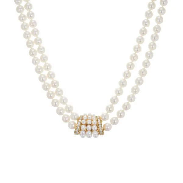 Mikimoto Double Strand Cultured Pearl Diamond Gold Necklace - Image 8