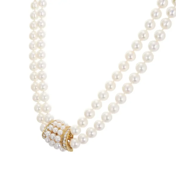 Mikimoto Double Strand Cultured Pearl Diamond Gold Necklace - Image 6