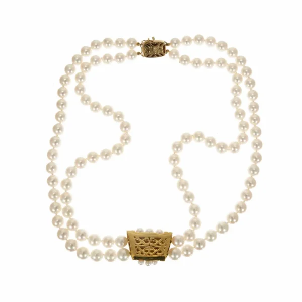 Mikimoto Double Strand Cultured Pearl Diamond Gold Necklace - Image 2