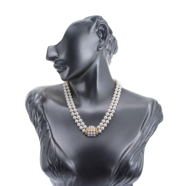 Mikimoto Double Strand Cultured Pearl Diamond Gold Necklace - Image 3