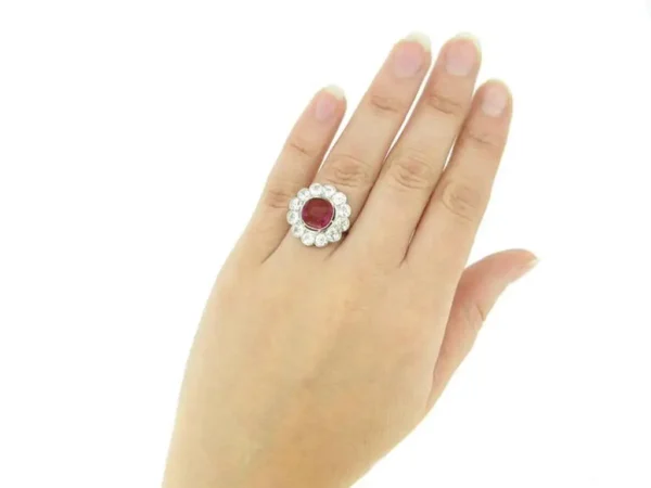 Natural unenhanced Burmese Ruby Diamond Platinum Cluster Ring - Image 5