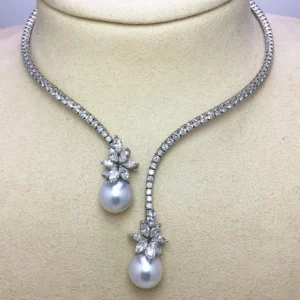 Platinum Spring Wire Necklace with Diamonds and Twin South Sea Pearl Drops