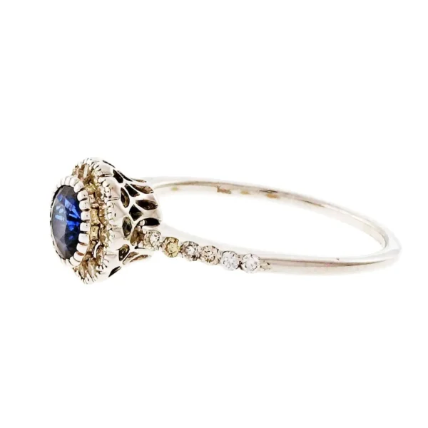 Royal Blue Sapphire Halo Diamond Gold Engagement Ring - Image 3