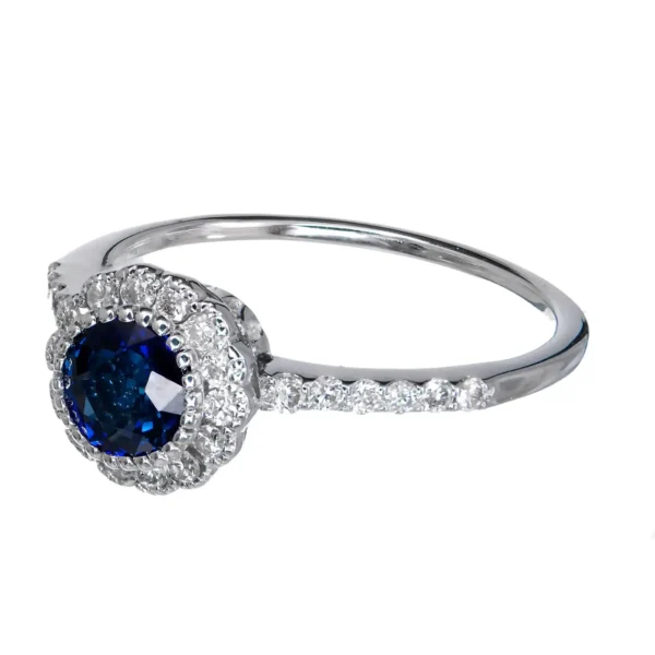 Royal Blue Sapphire Halo Diamond Gold Engagement Ring - Image 2