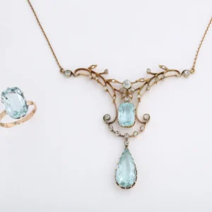 Russian Art Nouveau Aquamarine Necklace and Ring, St. Petersburg, c. 1910