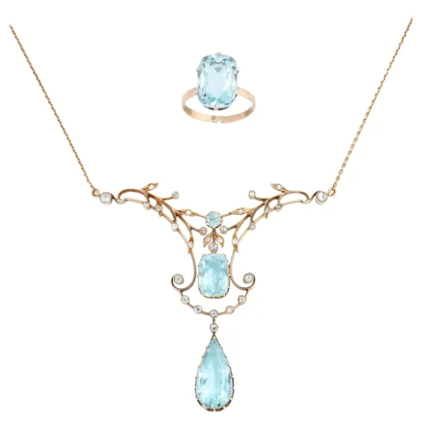 Russian Art Nouveau Aquamarine Necklace and Ring, St. Petersburg, c. 1910 - Image 8