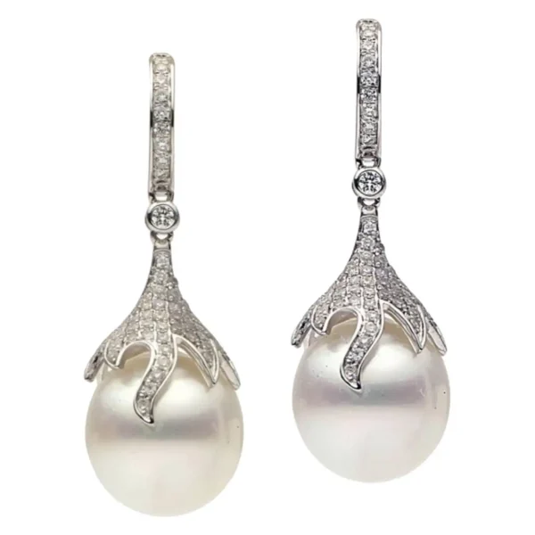 South Sea Pearl Diamond Drop Earrings 0.73 Carats 12-13 MM 18K White Gold - Image 3