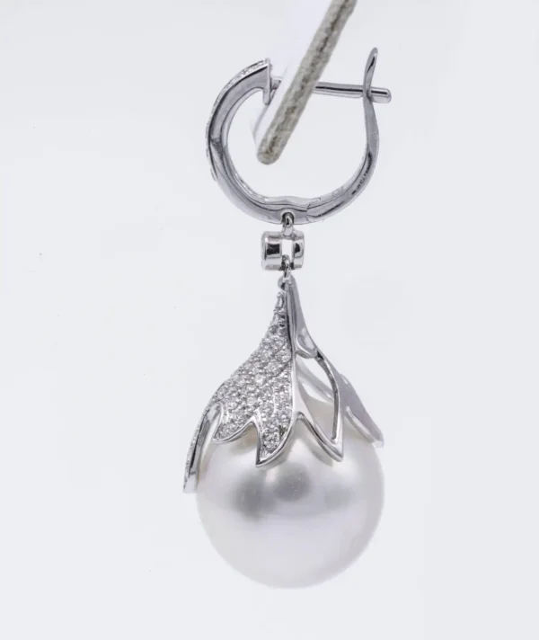 South Sea Pearl Diamond Drop Earrings 0.73 Carats 12-13 MM 18K White Gold - Image 4