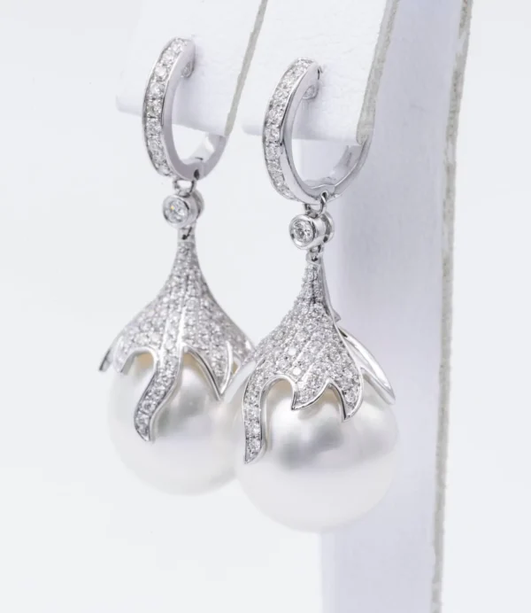 South Sea Pearl Diamond Drop Earrings 0.73 Carats 12-13 MM 18K White Gold - Image 2