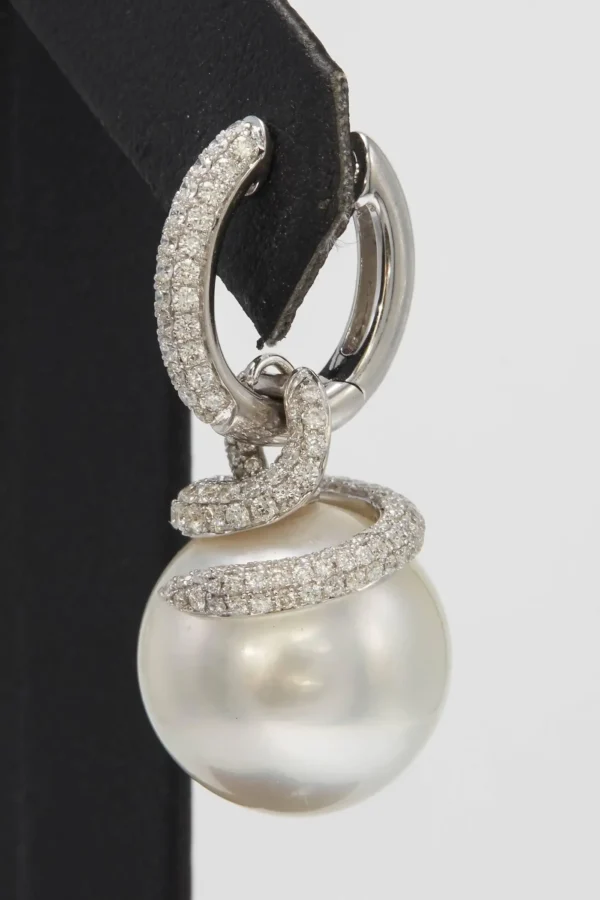 South Sea Pearl Diamond Drop Earrings 1.55 Carats 18K White Gold - Image 4