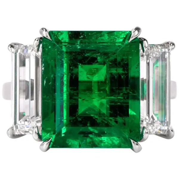 Three-Stone Rectangular Emerald Diamond Platinum Ring - Image 3