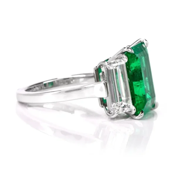 Three-Stone Rectangular Emerald Diamond Platinum Ring - Image 8