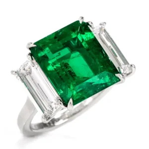 Three-Stone Rectangular Emerald Diamond Platinum Ring