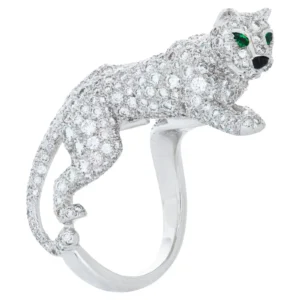 Vintage 18kwg Panthere De Cartier Diamond, Emerald & Onyx Walking Panther Ring