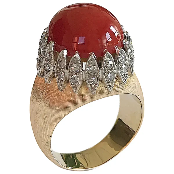 Vintage Italian Red Coral Diamond Yellow Gold Ring - Image 5