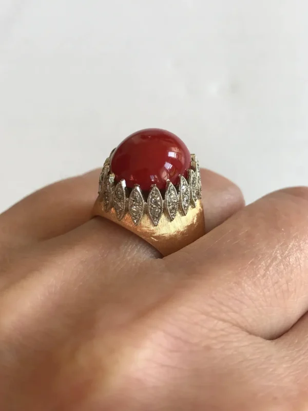 Vintage Italian Red Coral Diamond Yellow Gold Ring - Image 4