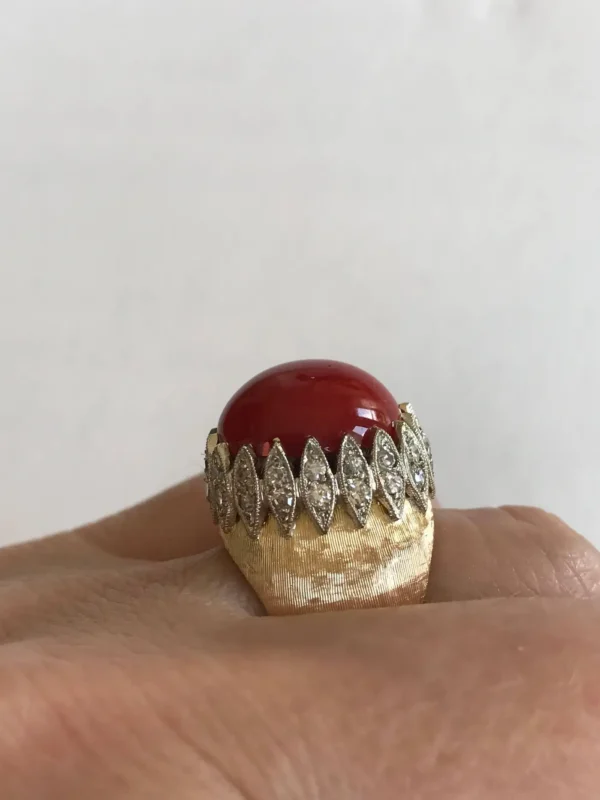 Vintage Italian Red Coral Diamond Yellow Gold Ring - Image 7