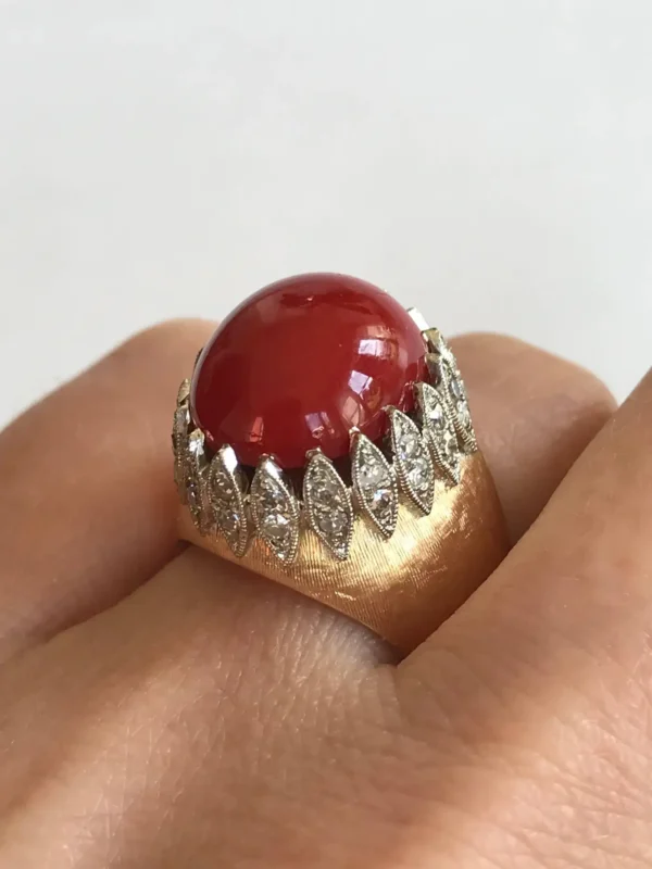 Vintage Italian Red Coral Diamond Yellow Gold Ring - Image 6