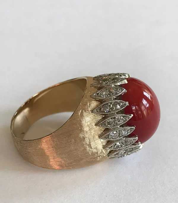 Vintage Italian Red Coral Diamond Yellow Gold Ring - Image 3