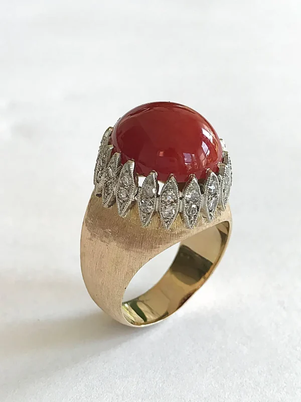 Vintage Italian Red Coral Diamond Yellow Gold Ring - Image 9