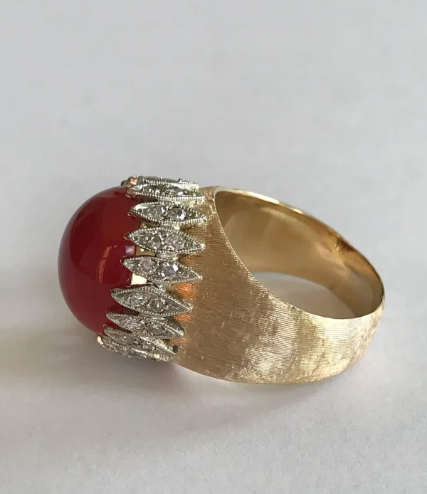 Vintage Italian Red Coral Diamond Yellow Gold Ring - Image 2