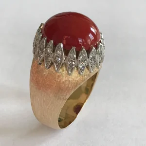 Vintage Italian Red Coral Diamond Yellow Gold Ring