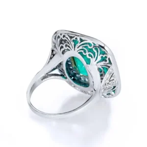 Art Deco Inspired 7.44 Carat Colombian Emerald 18 kt White Gold Platinum Ring 7