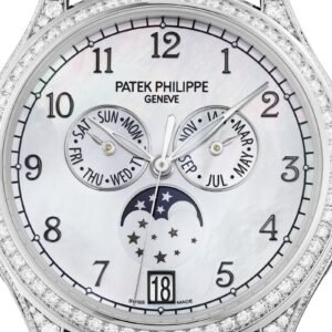 Buy Patek Philippe 4948G-010 Complications Annual Calendar Moon Phases White Gold White Mother of Pearl Dial 38mm Diamond Bezel