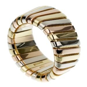 Bvlgari Tubogas Wide White Yellow Rose Gold Band Ring