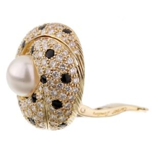 Cartier Panthere Diamond Pearl Yellow Gold Vintage Clip On Earrings