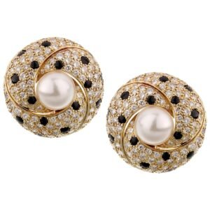 Cartier Panthere Diamond Pearl Yellow Gold Vintage Clip On Earrings