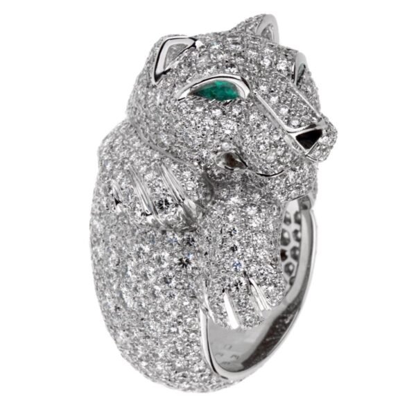 Cartier Panthere Pave Diamond Emerald White Gold Ring - Image 2