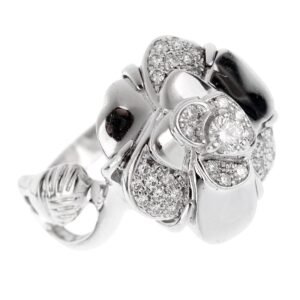 Chanel Camellia White Gold Diamond Ring Sz 5 1/4